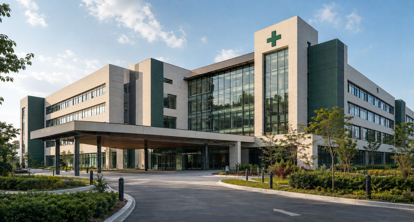 Modern hospital building representing the planned Hospital Management System