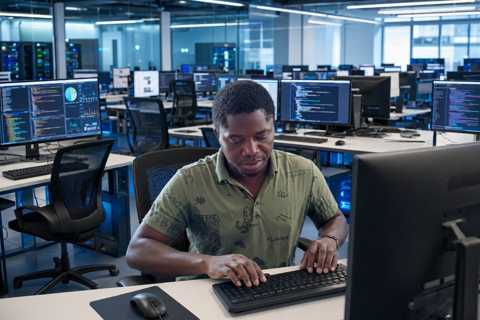 Mohamed Senesie Tucker working in a computer laboratory